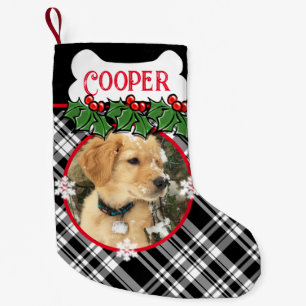 Calcetín Navideño Pequeño Personalización de mascota de perro blanco negro