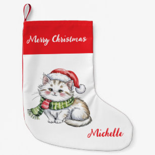Calcetín Navideño Pequeño Personalizado adorable gato de Navidad vacaciones 