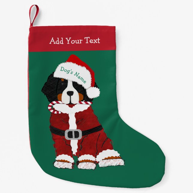 Calcetín Navideño Pequeño Personalizado Bernese Mountain Dog Santa Paws (Anverso)