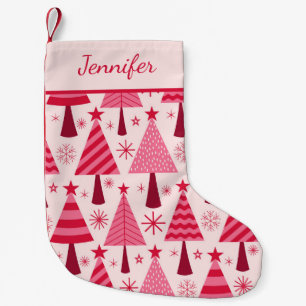 Calcetín Navideño Pequeño Personalizado de árboles de navidad rosados y rojo