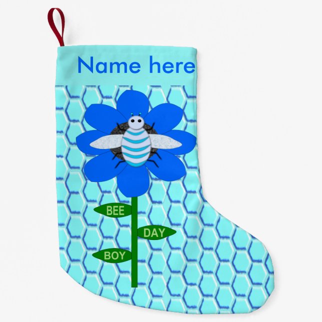Calcetín Navideño Pequeño Personalizado de cumpleaños azul de Happy Bee Day  (Anverso)