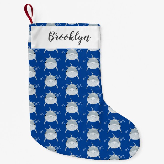 Calcetín Navideño Pequeño Personalizado de delfín kawaii feliz (Anverso)