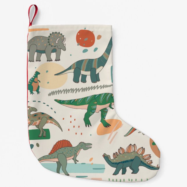 Calcetín Navideño Pequeño Personalizado de dinosaurios: ilustracion vintage. (Anverso)