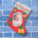 Calcetín Navideño Pequeño Personalizado de Elf de corte Nombre de foto Texto<br><div class="desc">Personalizado Cute Adorable Elf Nombre Foto Crochet Rojo Imprimir Pequeños Navidades Alzándose.</div>