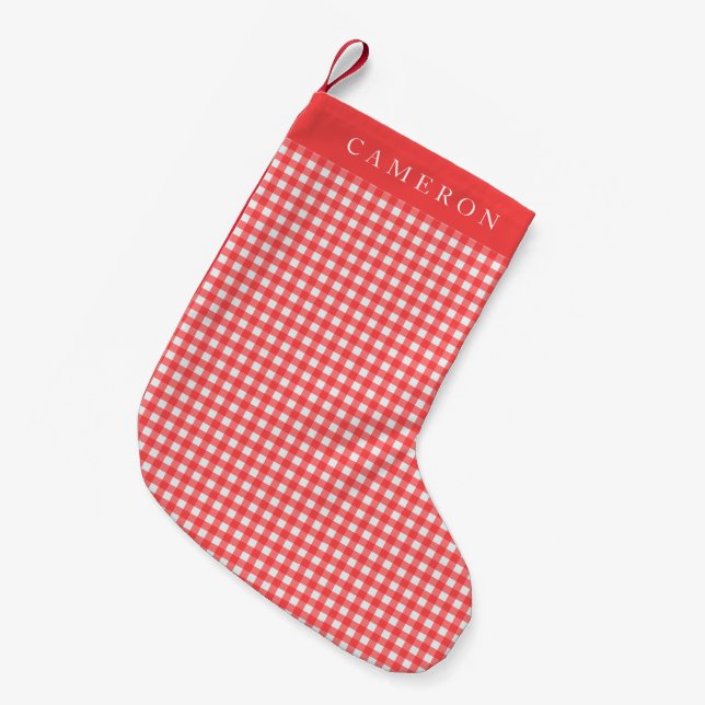 Calcetín Navideño Pequeño Personalizado de Gingham Plaid rojo y blanco vinta (Frente (Colgado))