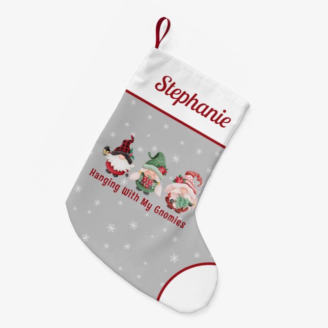 Calcetín Navideño Pequeño Personalizado de Gnomes de Navidades Cute (Frente (Colgado))