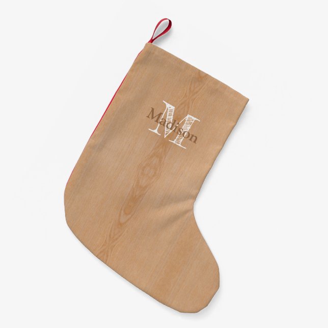 Calcetín Navideño Pequeño Personalizado de grano de madera marrón claro Mono (Frente (Colgado))