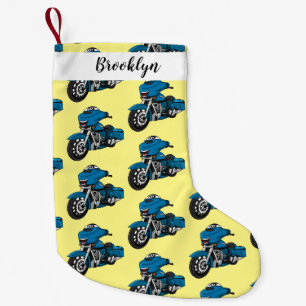 Calcetín Navideño Pequeño Personalizado de moto azul feliz