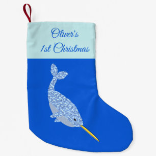Calcetín Navideño Pequeño Personalizado de Narwhal, niño pequeño azul, prime