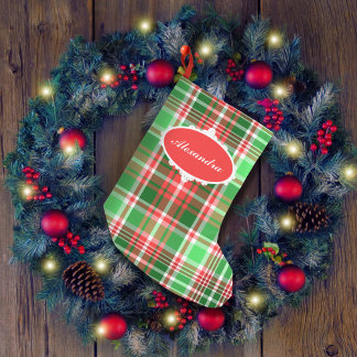 Calcetín Navideño Pequeño Personalizado Festividad Clásica Verde Rojo Plata