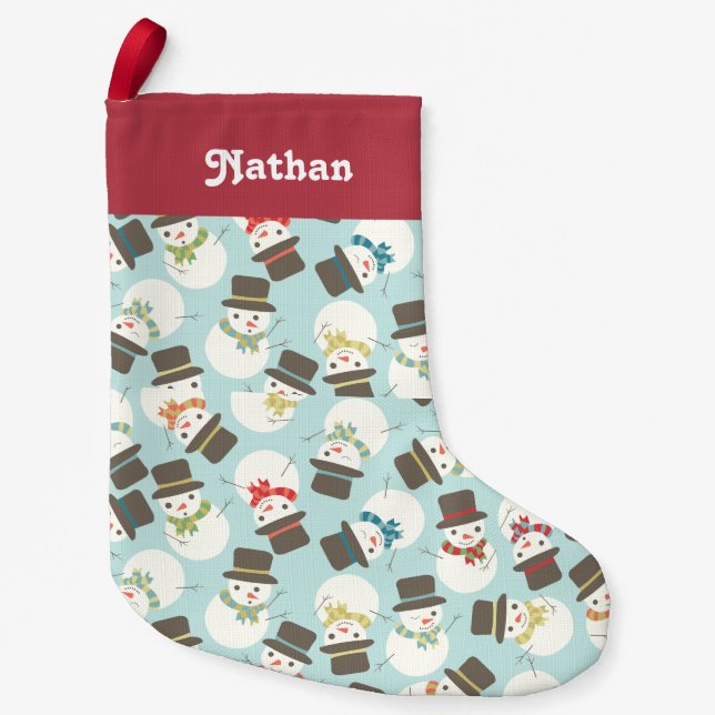 Calcetín Navideño Pequeño Personalizado | Fiesta Snowman (Anverso)