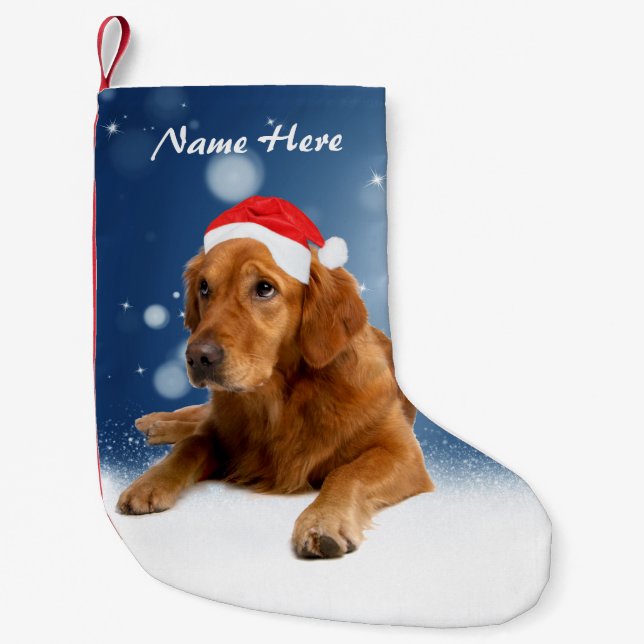 Calcetín Navideño Pequeño Personalizado Golden Retriever Dog Nieve Stars Blu (Anverso)