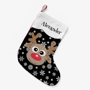 Calcetín Navideño Pequeño Personalizado lindo reno blanco copos de nieve neg