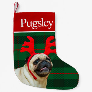 Calcetín Navideño Pequeño Personalizado Mascota Foto de perro Festividad Pug