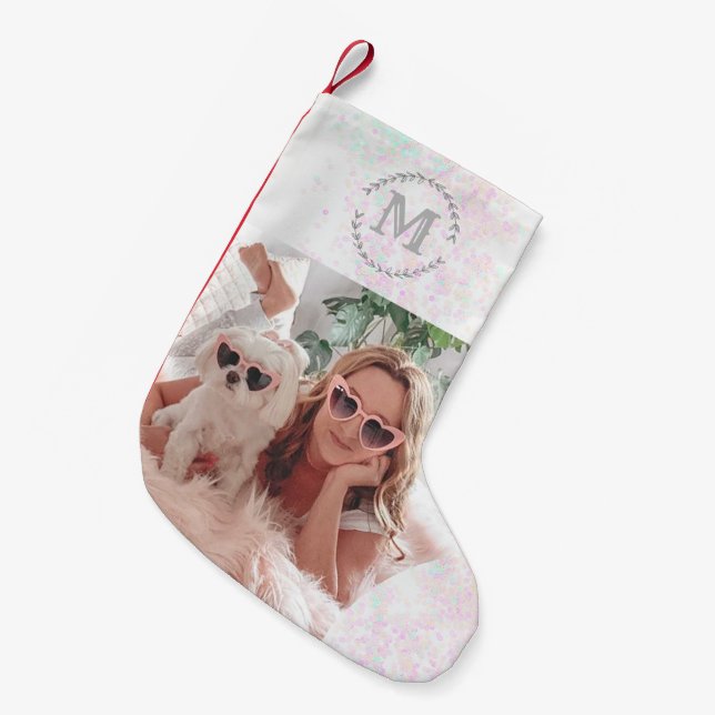 Calcetín Navideño Pequeño Personalizado Mascota Fotografía de perro y guarni (Frente (Colgado))