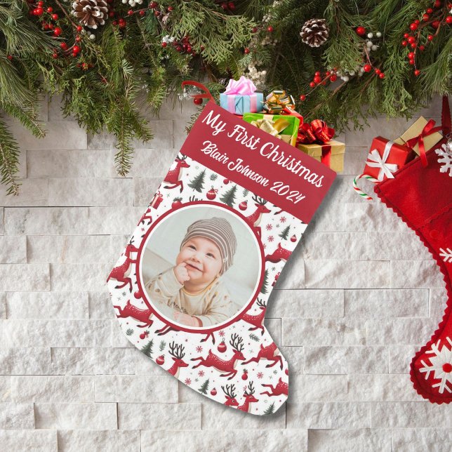 Calcetín Navideño Pequeño Personalizado Mi primer reno fotográfico de Navida (Subido por el creador)