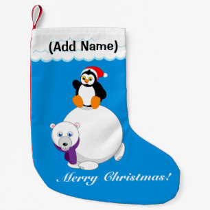 Calcetín Navideño Pequeño personalizado moderno de un pingüino que monta un