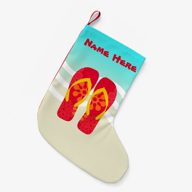 Calcetín Navideño Pequeño Personalizado Navidades tropicales Flip Flops Beac (Frente (Colgado))