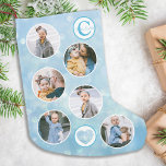 Calcetín Navideño Pequeño Personalizado Photo Baby Blue<br><div class="desc">Decoren su casa y estropeen a su hijo favorito con este super lindo collage de fotos personalizado y navidades en monograma cargados con un fondo azul purpurina. 12 fotos, 6 a cada lado, para todos tus años fotos y recuerdos favoritos. Puedes hacer una foto para celebrar cada mes del año,...</div>