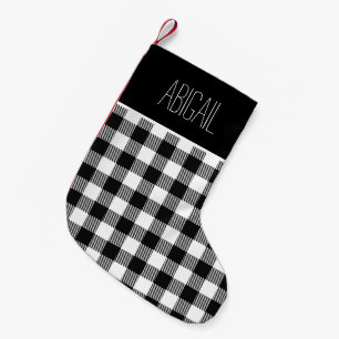 Calcetín Navideño Pequeño Personalizado Plaid de Cuadro de Búfalo Blanco y N