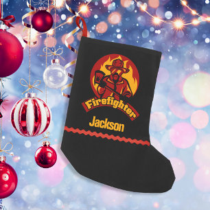 Calcetín Navideño Pequeño Personalizado rojo de oro negro para bomberos