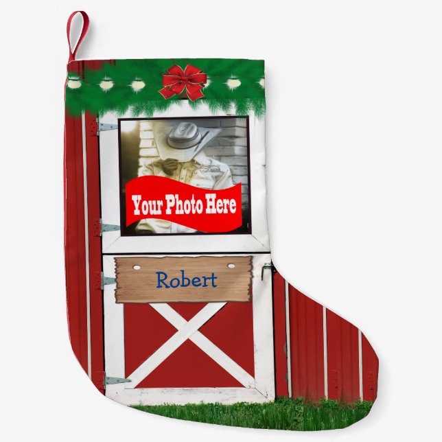 Calcetín Navideño Pequeño Personalizado (su foto) Puerta de Barn (Anverso)