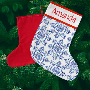 Calcetín Navideño Pequeño Personalizados Copos de Nieve Blancos Azules Fondo