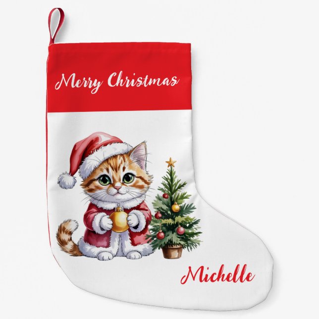 Calcetín Navideño Pequeño Personalized Cat with Santa Hat Christmas tree     (Anverso)