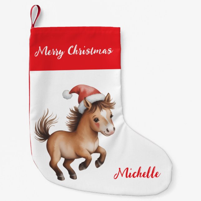 Calcetín Navideño Pequeño Personalized Christmas horse in Santa hat (Anverso)