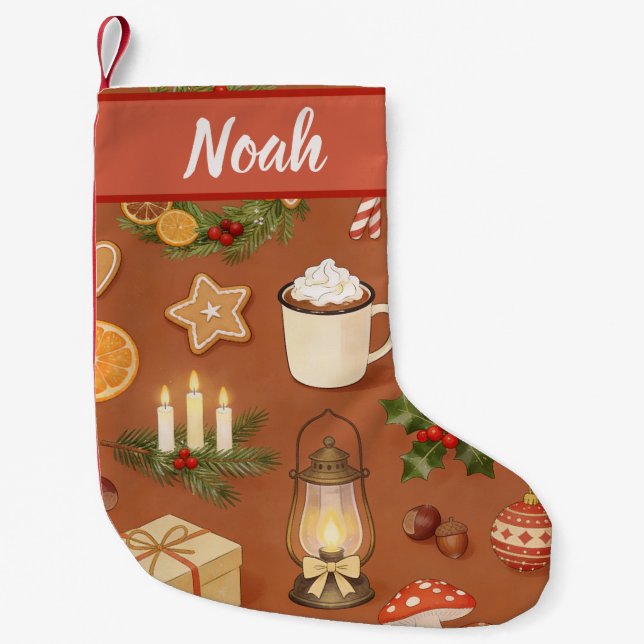 Calcetín Navideño Pequeño Personalized Christmas Stocking with Cozy Hot  (Anverso)