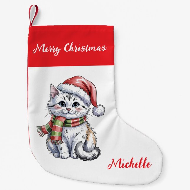 Calcetín Navideño Pequeño Personalized Cute Christmas Cat Holiday       (Anverso)