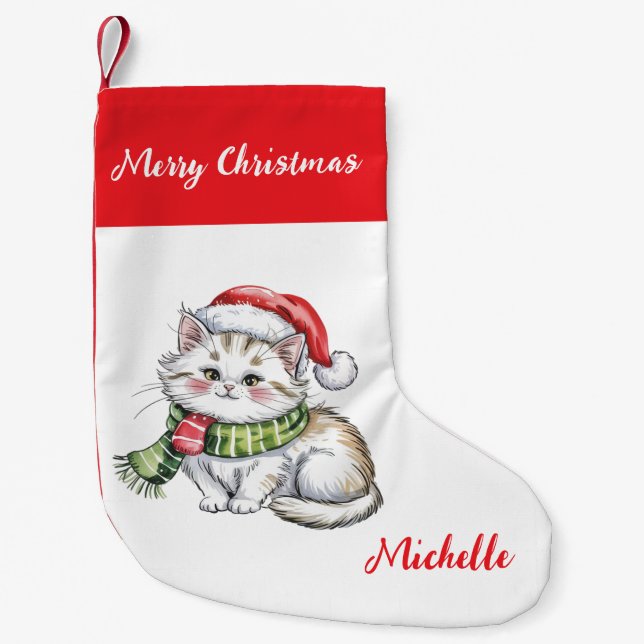 Calcetín Navideño Pequeño Personalized Cute Christmas Cat Holiday       (Anverso)