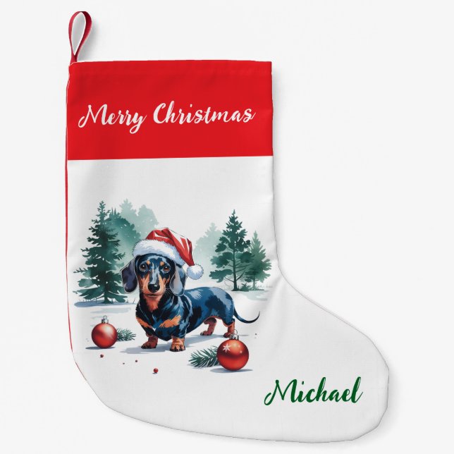 Calcetín Navideño Pequeño Personalized Dachshund in Santa Hat Christmas (Anverso)