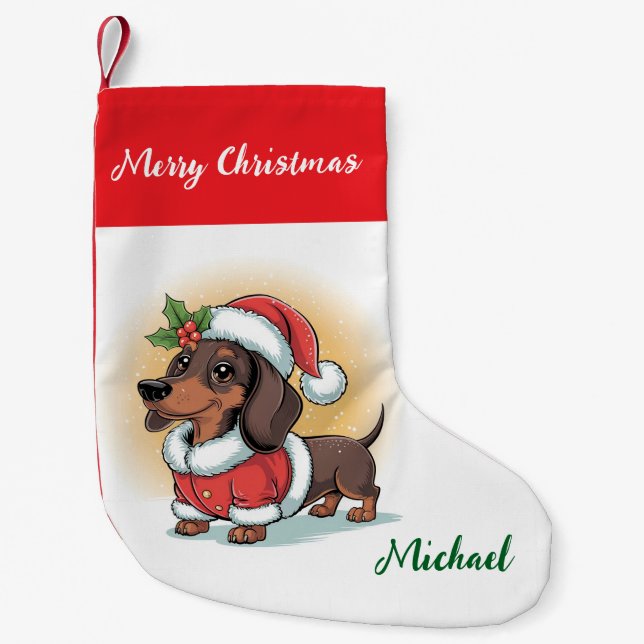 Calcetín Navideño Pequeño Personalized Dachshund in Santa Hat Christmas (Anverso)