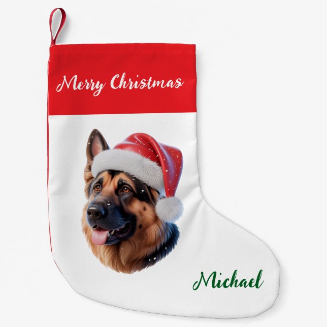 Calcetín Navideño Pequeño Personalized German Shepherd Dog in Santa Hat      (Anverso)
