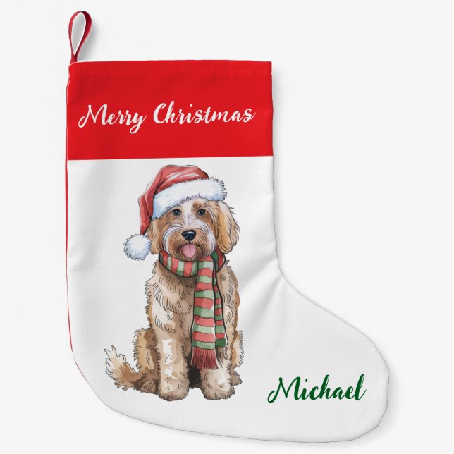 Calcetín Navideño Pequeño Personalized Goldendoodle Dog in Santa Hat  (Anverso)