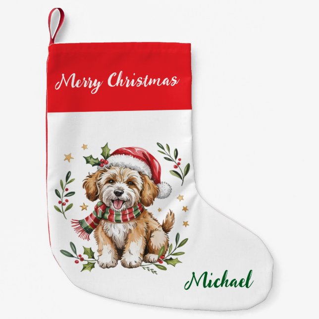Calcetín Navideño Pequeño Personalized Goldendoodle Dog in Santa Hat  (Anverso)