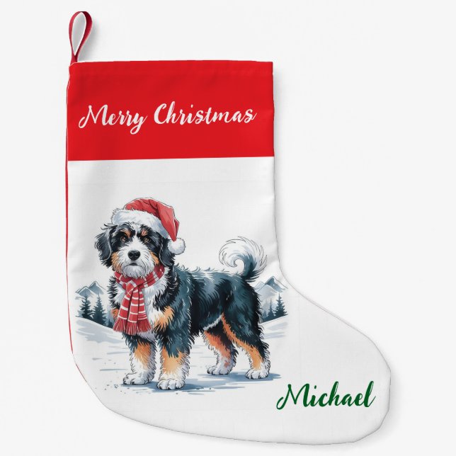 Calcetín Navideño Pequeño Personalized Goldendoodle Dog in Santa Hat  (Anverso)