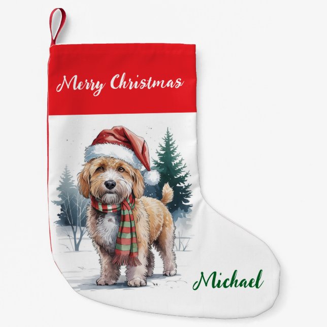 Calcetín Navideño Pequeño Personalized Goldendoodle Dog in Santa Hat  (Anverso)
