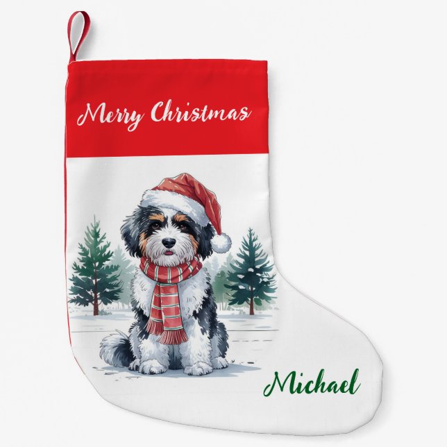 Calcetín Navideño Pequeño Personalized Goldendoodle Dog in Santa Hat  (Anverso)