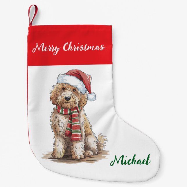 Calcetín Navideño Pequeño Personalized Goldendoodle Dog in Santa Hat  (Anverso)