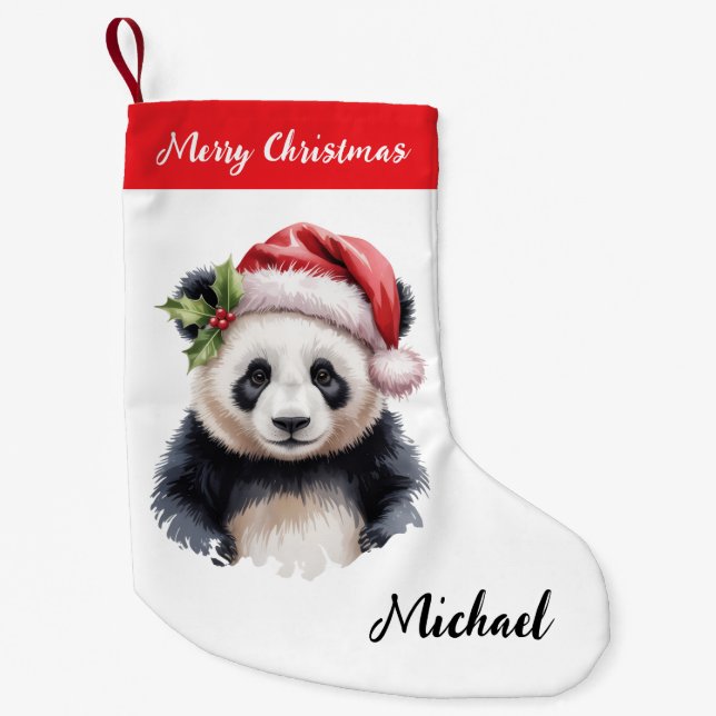 Calcetín Navideño Pequeño Personalized Merry Christmas Cute Panda Bear (Anverso)