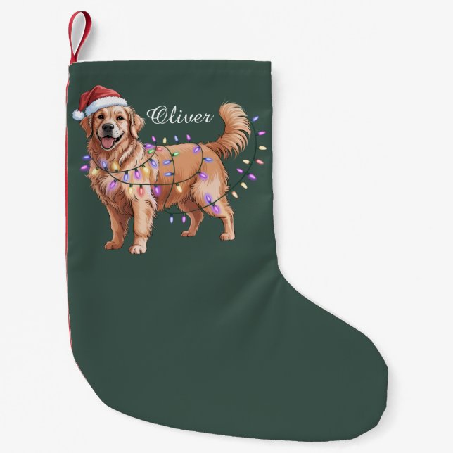 Calcetín Navideño Pequeño Personalized Name Christmas Golden Retriever Dog  (Anverso)