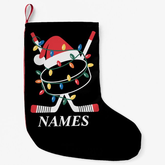 Calcetín Navideño Pequeño Personalized Name Christmas Hockey Xmas Santa Hat (Anverso)