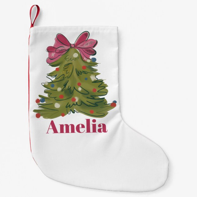 Calcetín Navideño Pequeño Personalized Name Coquette Christmas Tree Girly (Anverso)