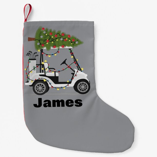 Calcetín Navideño Pequeño Personalized Name Golfer Christmas Golf Cart Xmas  (Anverso)