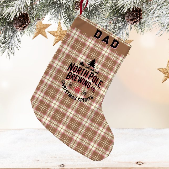 Calcetín Navideño Pequeño Personalized North Pole Brewing (🍺 North Pole Brewing Co. 🎄 Rustic plaid, holiday humor & custom charm for Dad or Grandpa!)