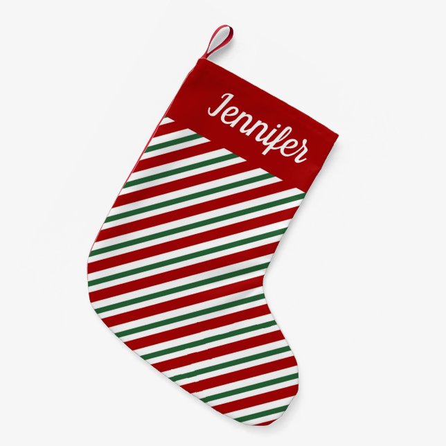 Calcetín Navideño Pequeño Personalized Red Green Stripes (Frente (Colgado))