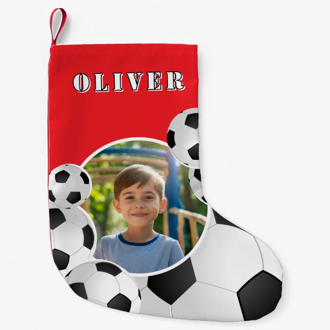 Calcetín Navideño Pequeño Personalized Soccer Ball Football Boy Photo  (Anverso)