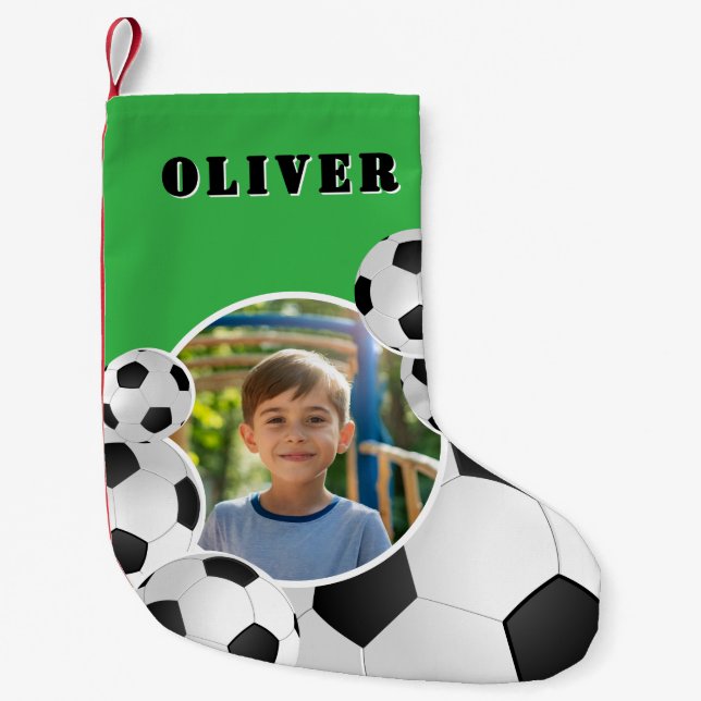 Calcetín Navideño Pequeño Personalized Soccer Ball Football Boy Photo  (Anverso)